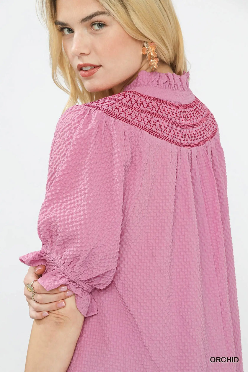 Umgee Textured Henley Blouse with Ruffle Cuffs  Style Ratio