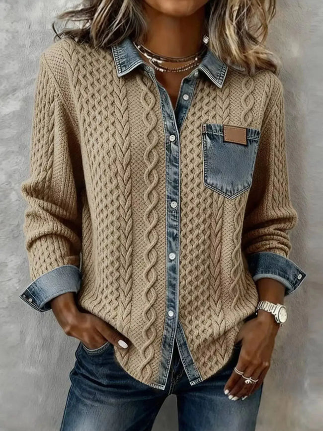 Denim Trim Cable Knit Top  Style Ratio