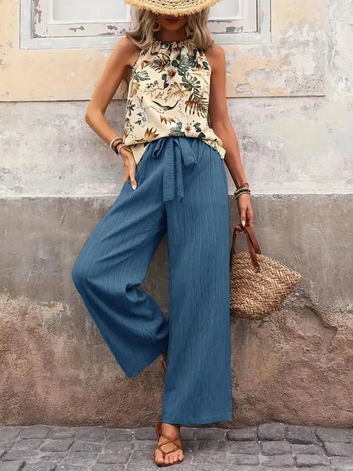 Printed Tank Top and Wide Leg Pants Set  Style Ratio