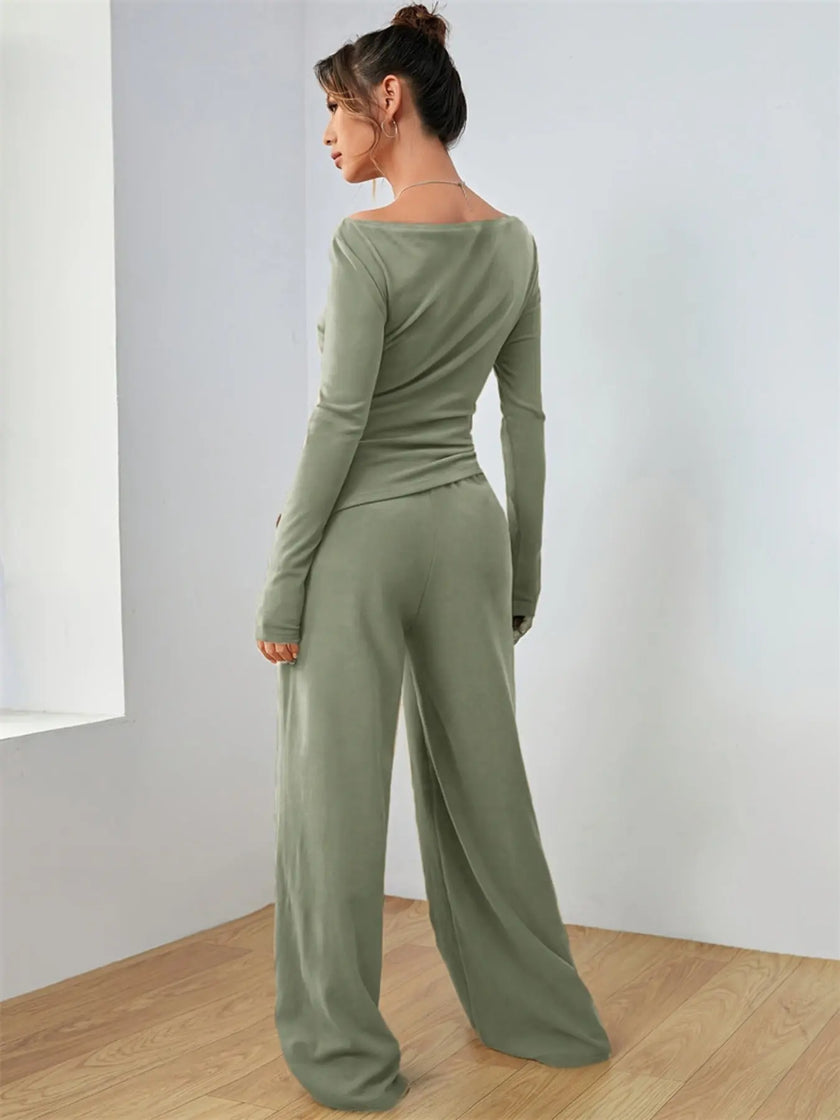 Casual Long Sleeve Top & Wide Leg Pants Set  Style Ratio