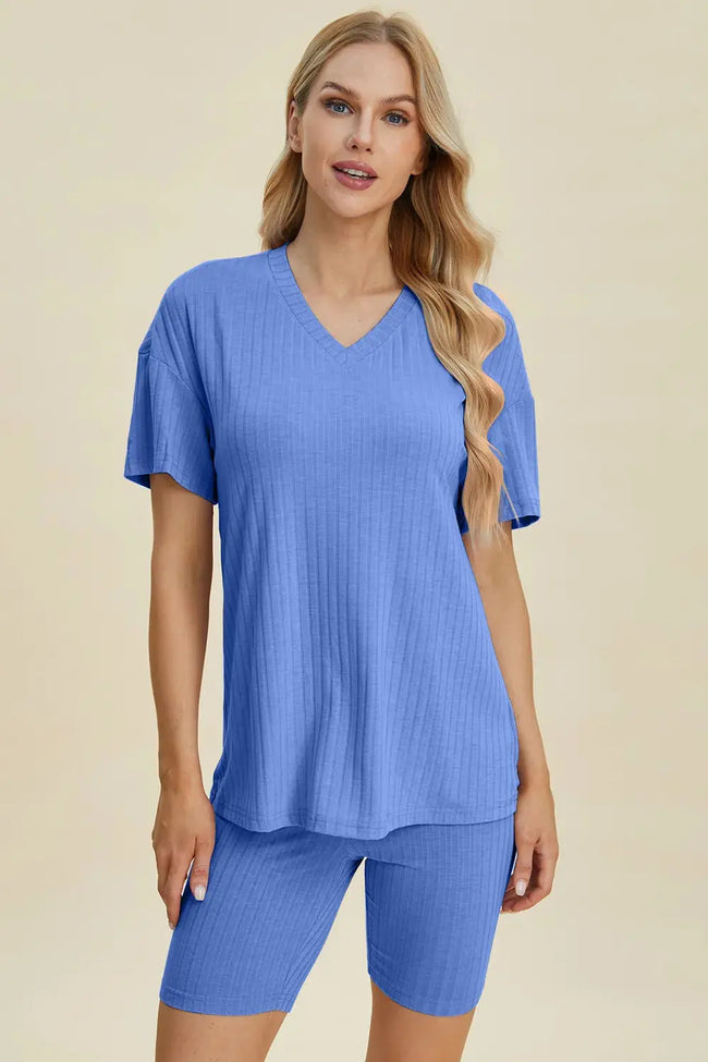 Basic Bae Full Size Ribbed V-Neck Short Sleeve Top and Shorts Loungewear  Style Ratio