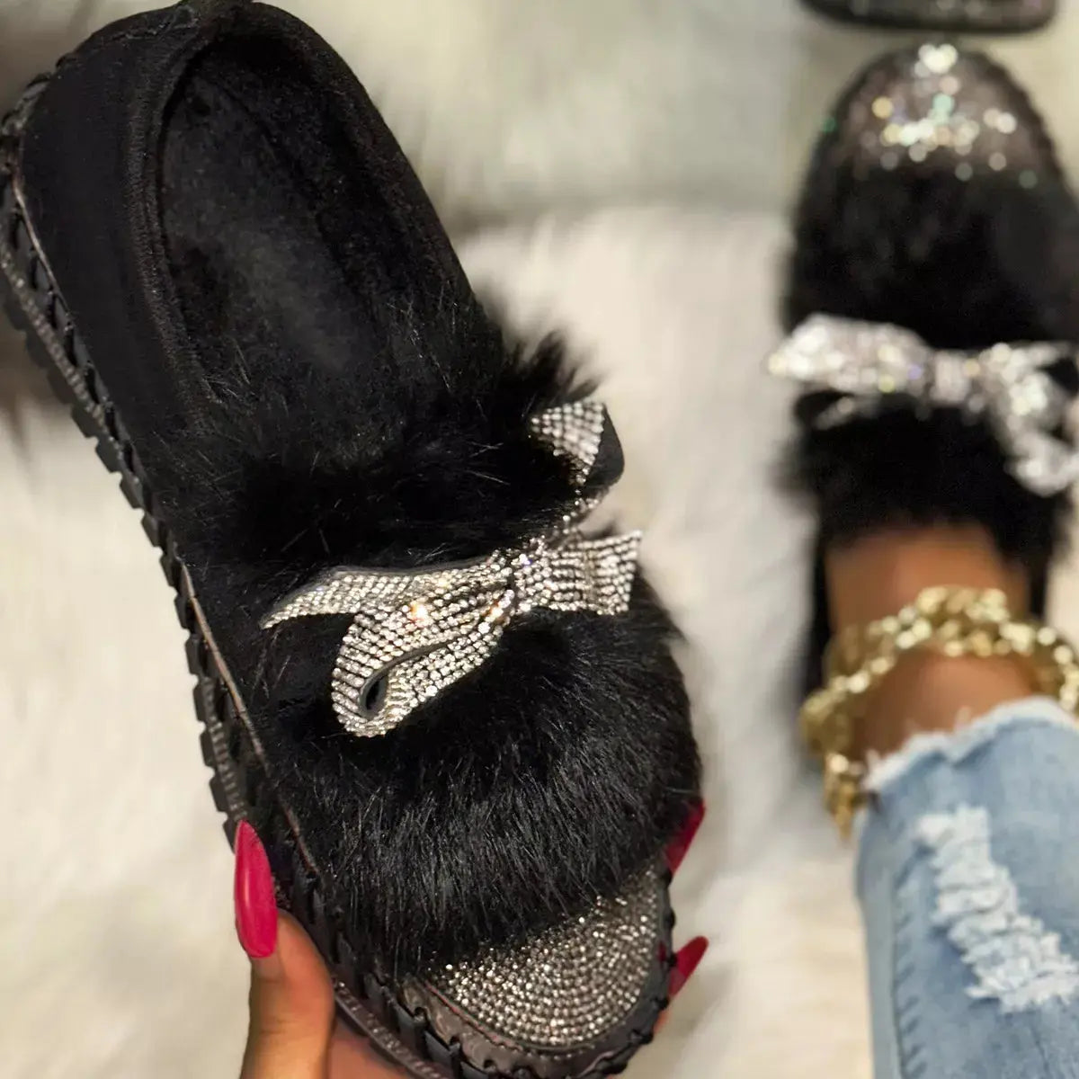 Fuzzy Bowknot Rhinestone Platform Loafers  Style Ratio