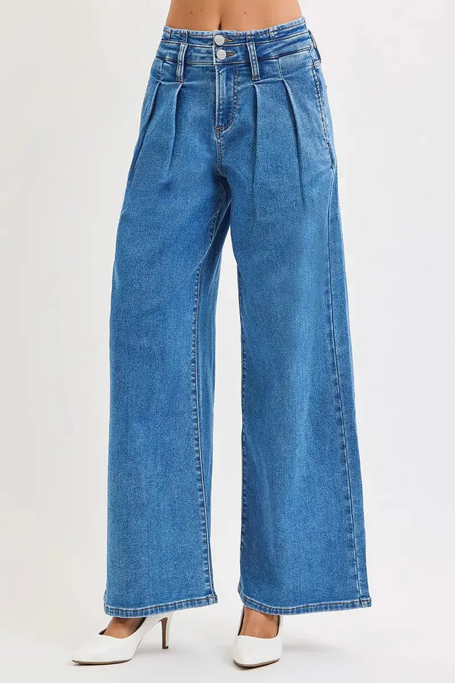 RISEN Full Size Mid Rise Fit Wide Leg with Pleated Detail Jeans  Style Ratio