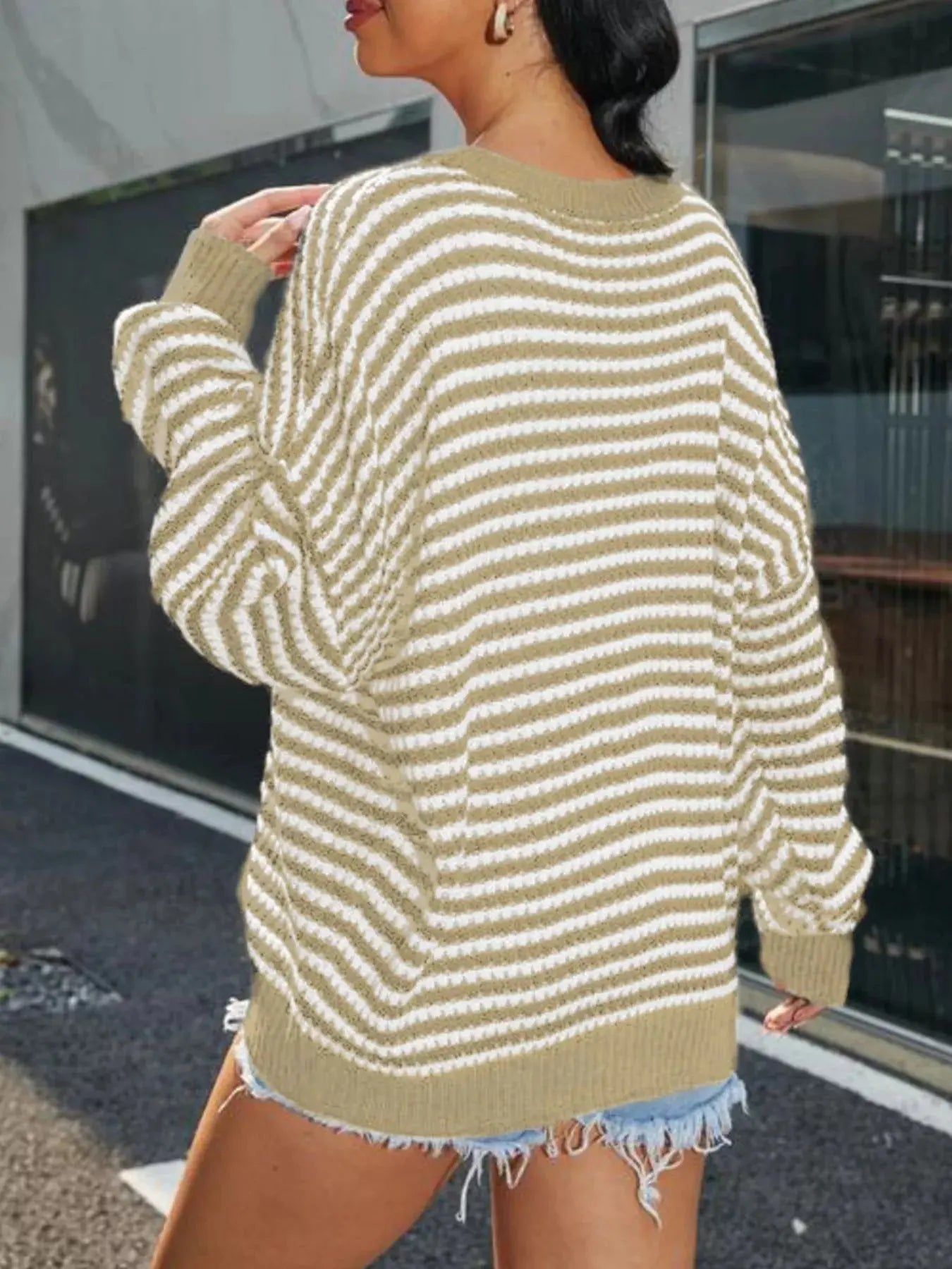 Striped Round Neck Drop Shoulder Sweater  Style Ratio
