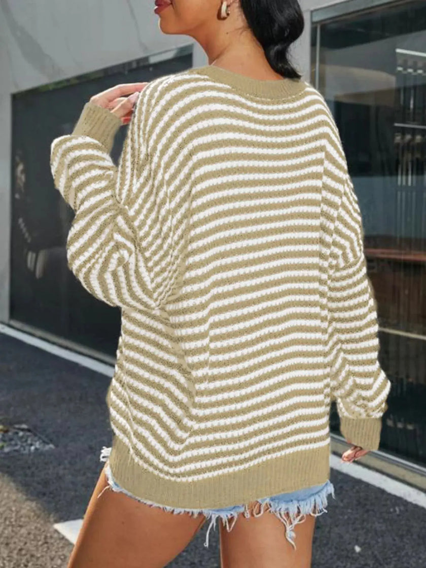 Striped Round Neck Drop Shoulder Sweater  Style Ratio