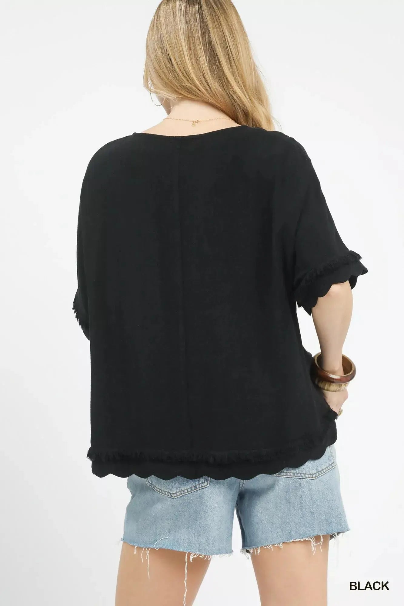Umgee Linen Frayed Hem Scallop Edge Top  Style Ratio