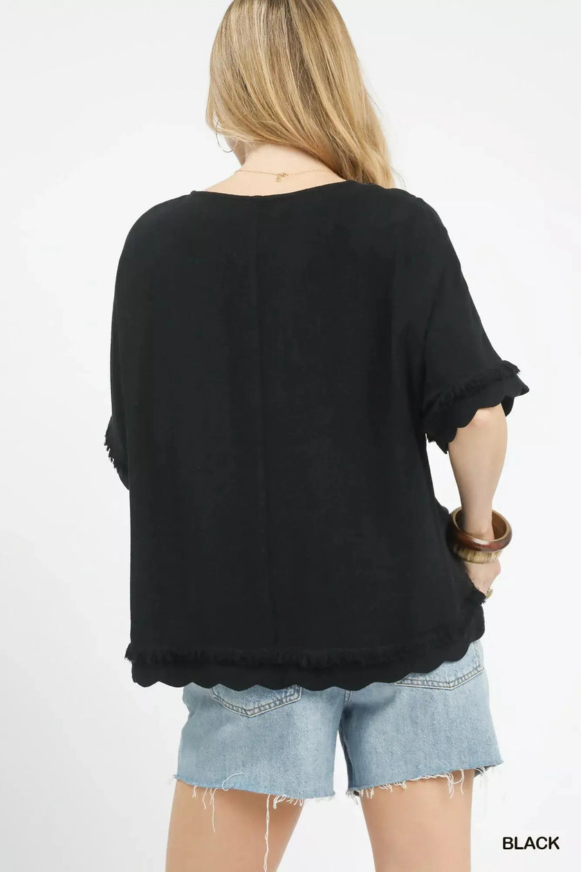 Umgee Linen Frayed Hem Scallop Edge Top  Style Ratio