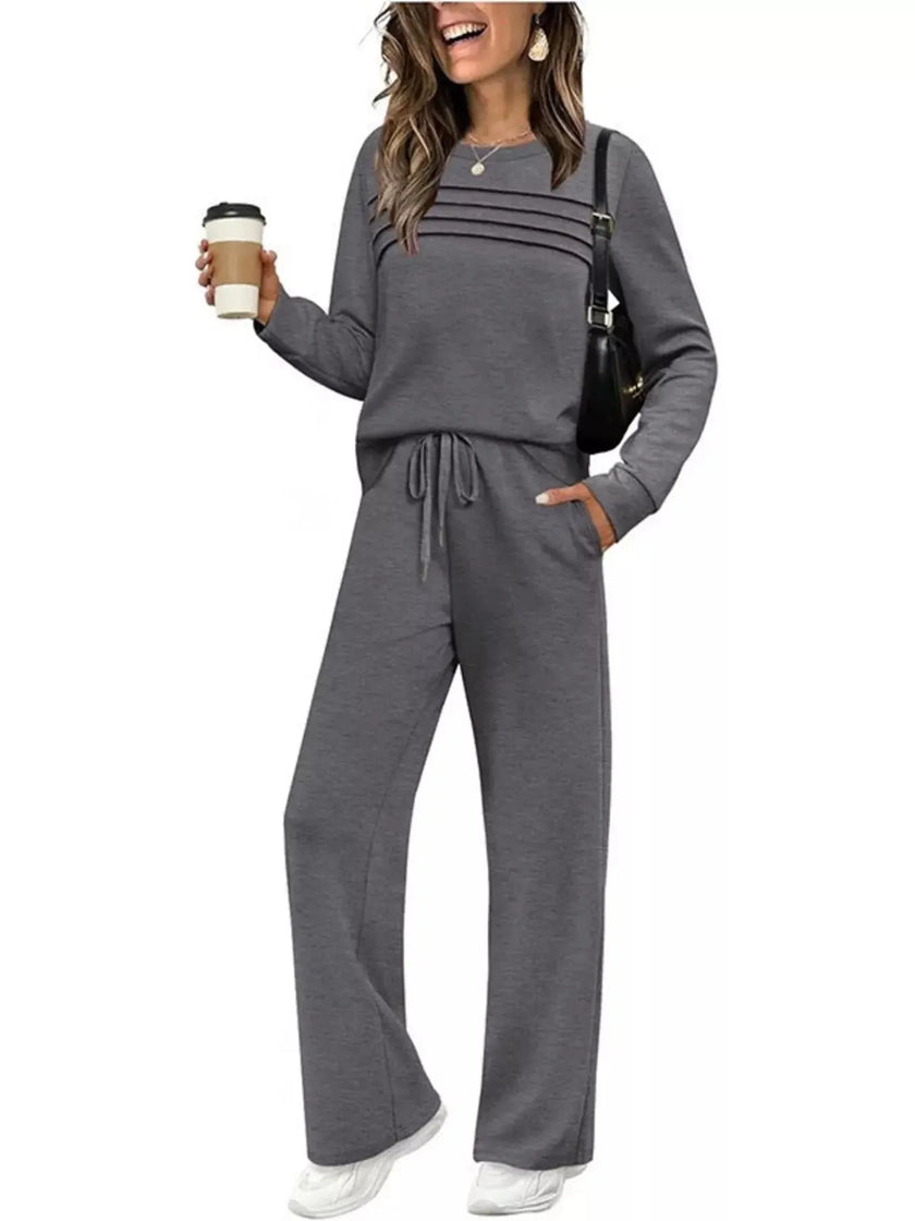 Full Size Long Sleeve Round Neck Top and Pants Set  Style Ratio