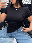 Plus Size Ruched Round Neck Short Sleeve Shirt  Style Ratio