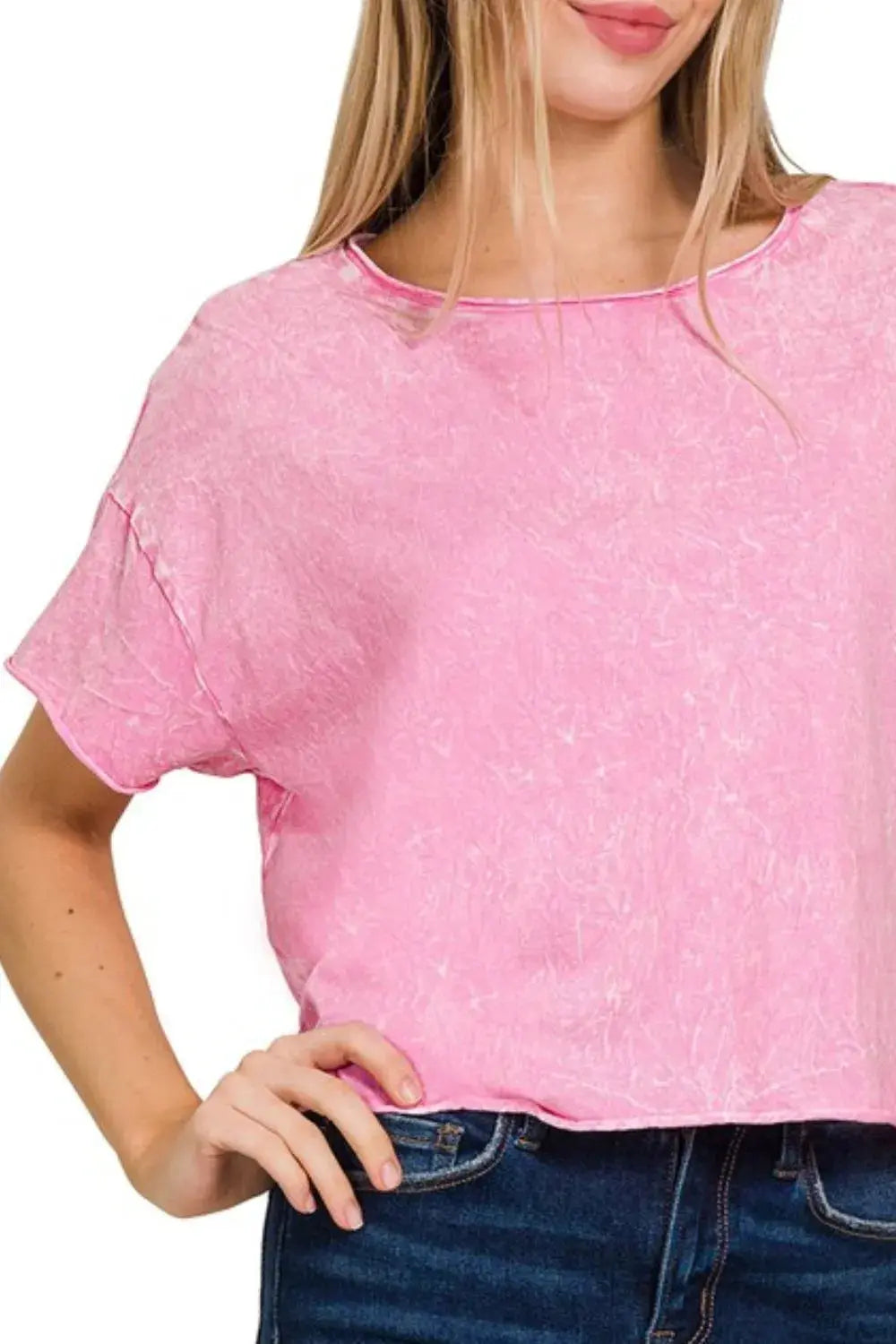 Zenana Washed Crew Neck Short Sleeve Crop Box Shirt  Style Ratio
