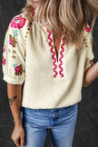 Floral Embroidered Notched Puff Sleeve Blouse  Style Ratio