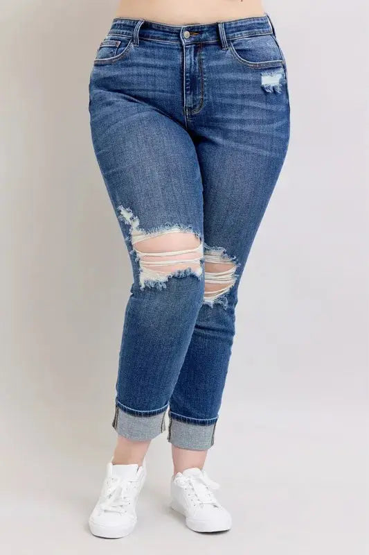 Judy Blue Full Size Mid Rise Boyfriend destroy Jeans with Yoke Pockets  Style Ratio
