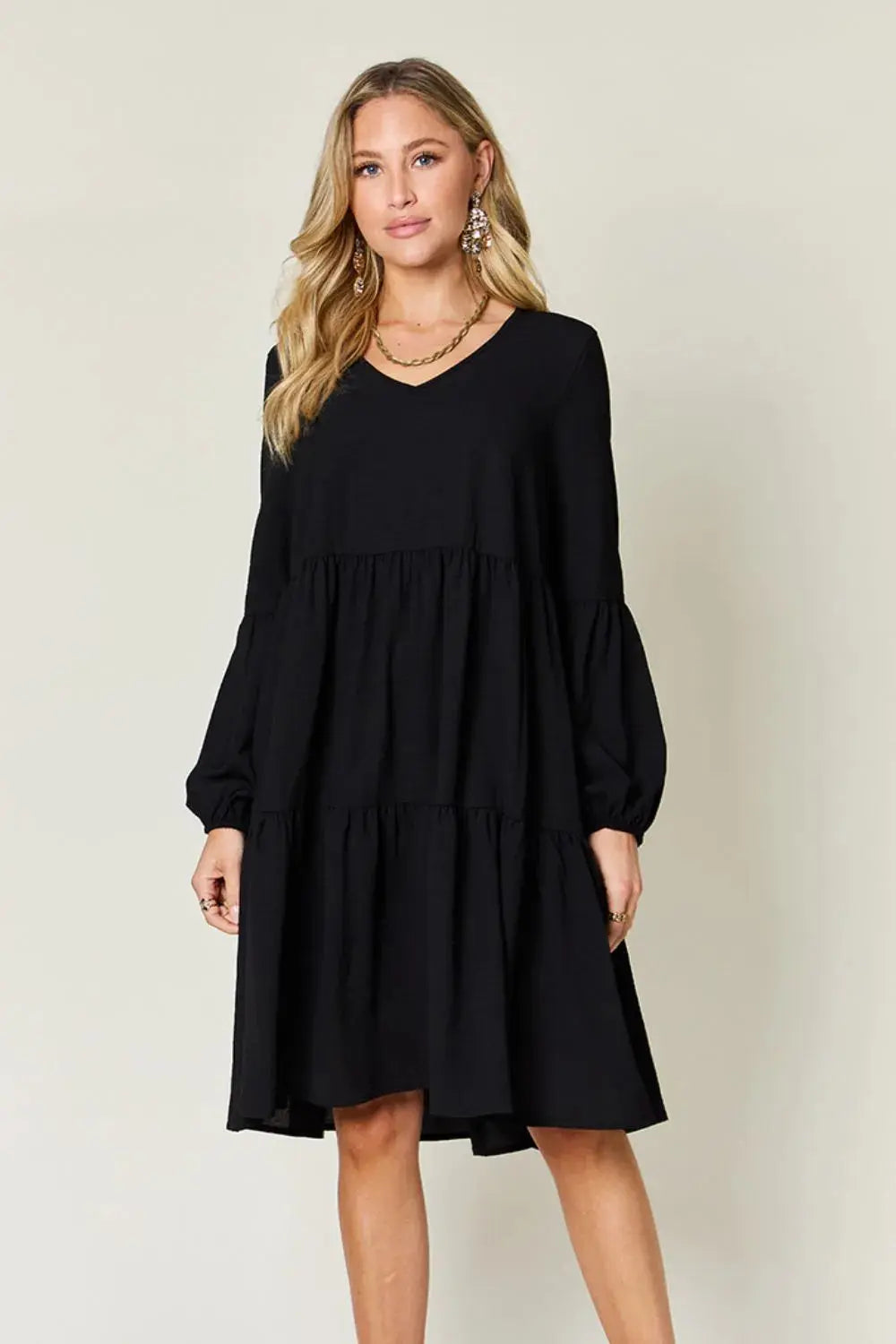 Double Take Full Size V-Neck Balloon Sleeve Tiered Dress with Pockets  Style Ratio
