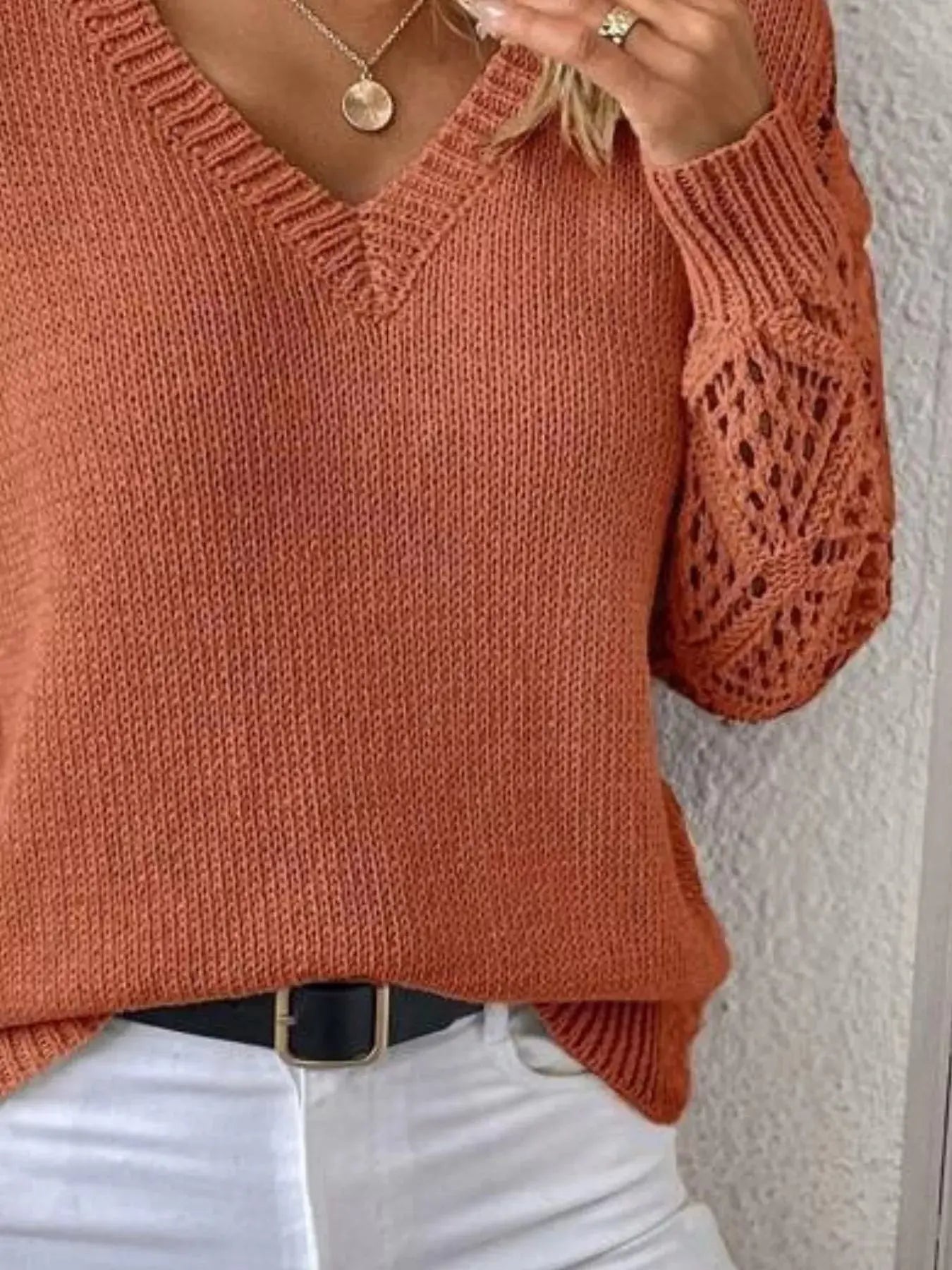 V-Neck Hollow-Out Sleeve Knit Sweater  Style Ratio
