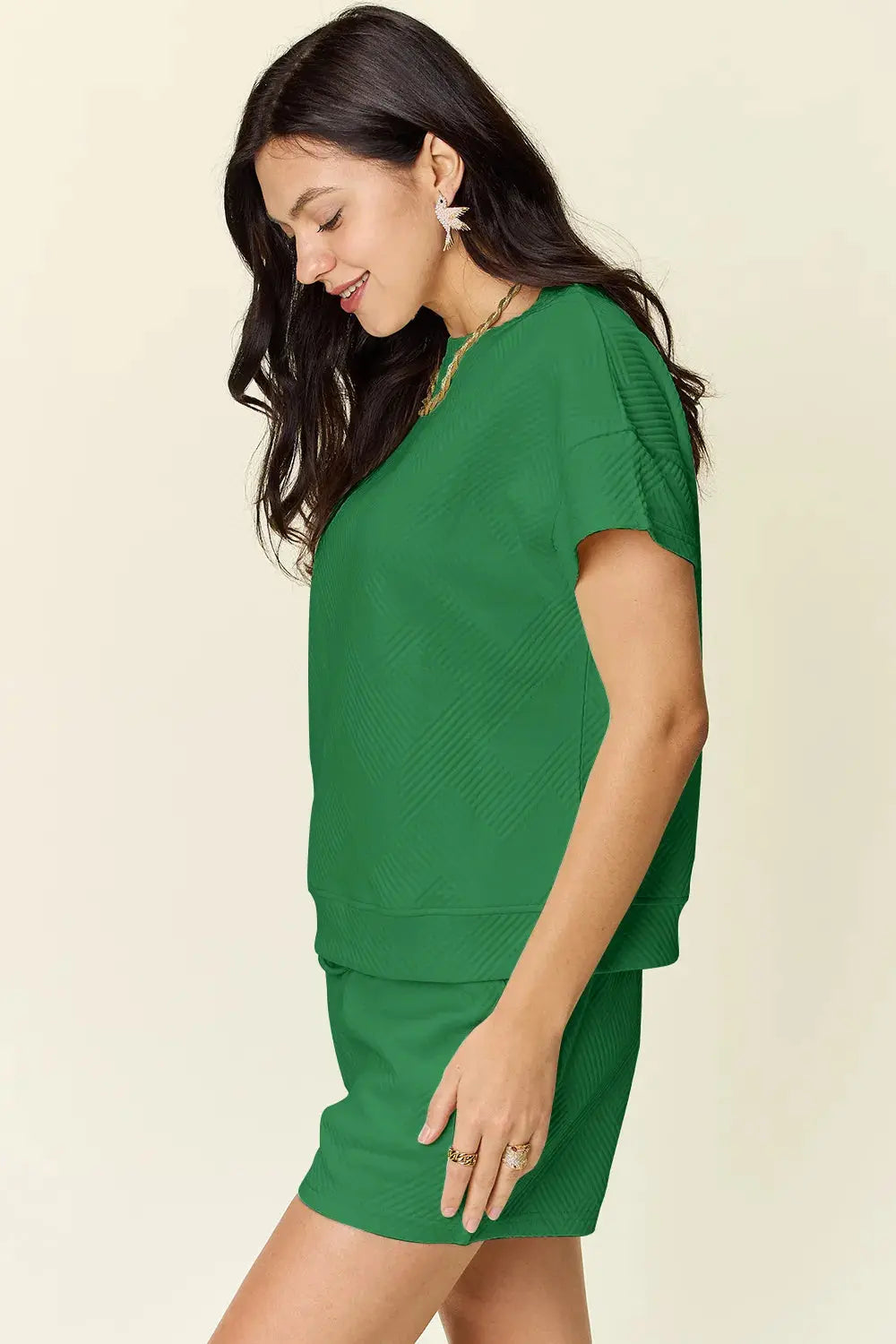 Double Take Full Size Texture Short Sleeve T-Shirt and Drawstring Shorts Set  Style Ratio