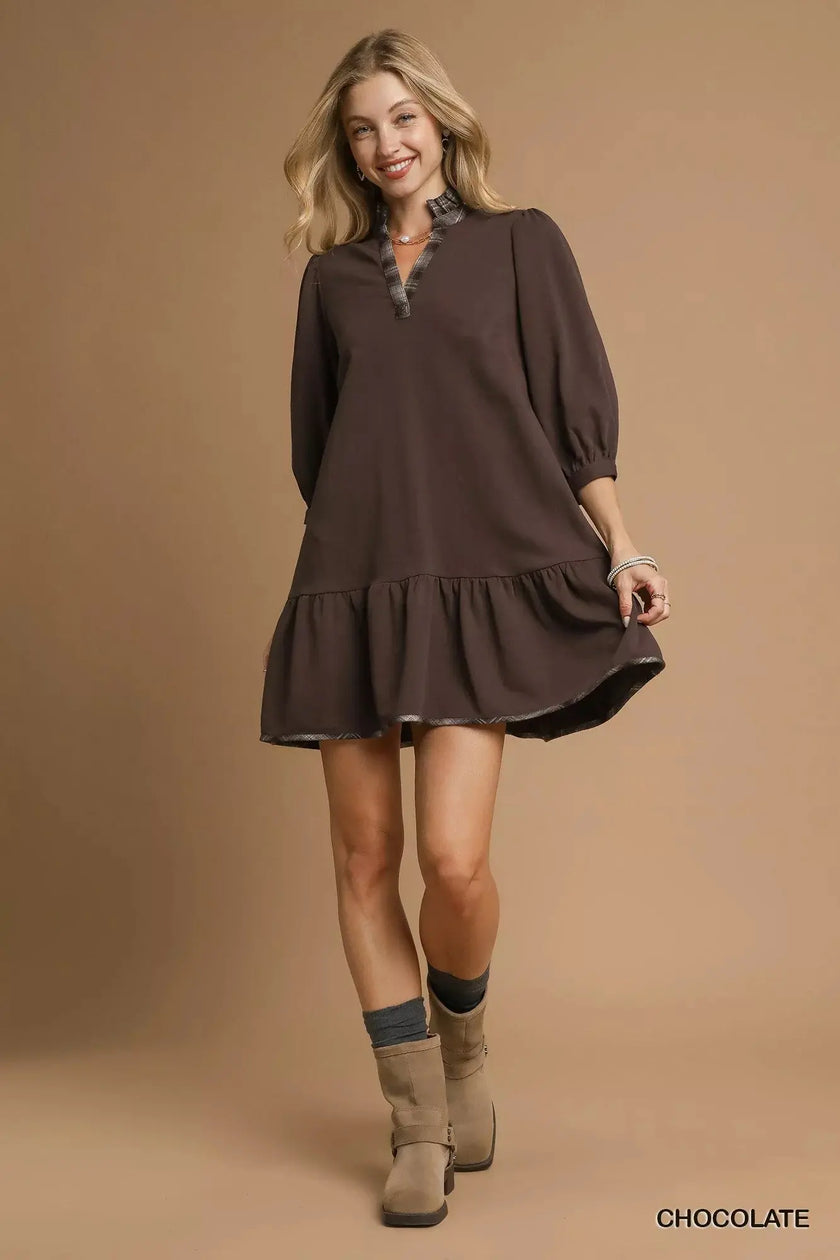 Umgee French Terry Ruffle Hem Dress with Plaid Trim  Style Ratio