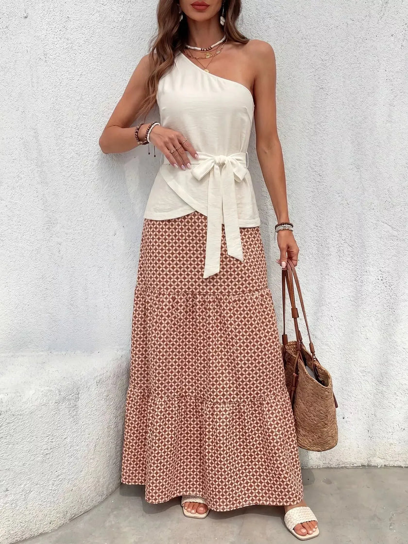 One-Shoulder Top and Geometric Print Maxi Skirt Set  Style Ratio