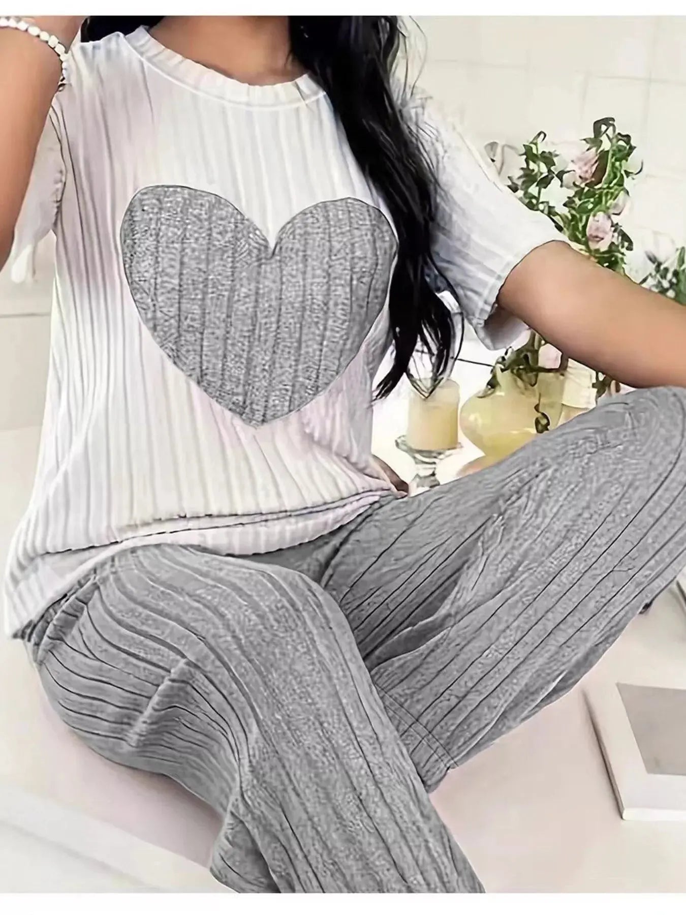 Heart Ribbed Knit Top and Pants Lounge Set  Style Ratio
