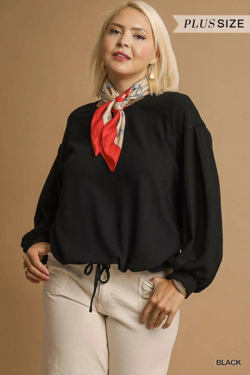 Umgee Full Size Linen Long Sleeve Top with Drawstring  Style Ratio