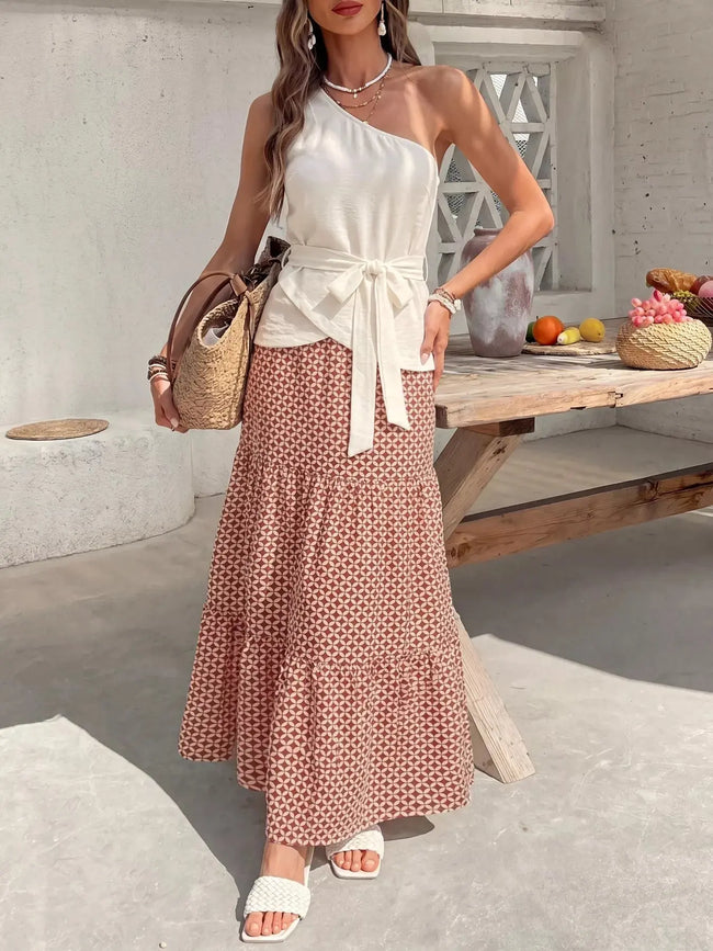 One-Shoulder Top and Geometric Print Maxi Skirt Set  Style Ratio