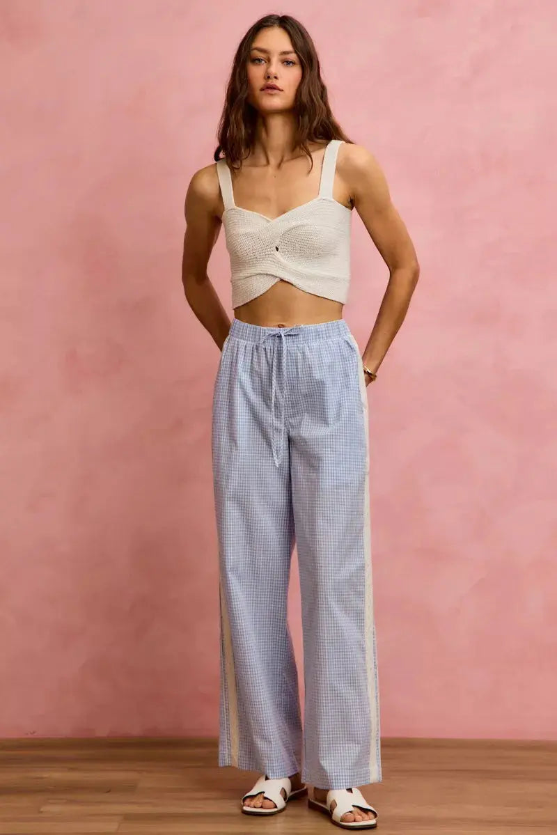 SO ME Wide Check  Pants With Side Lace Trim And Piping  Style Ratio