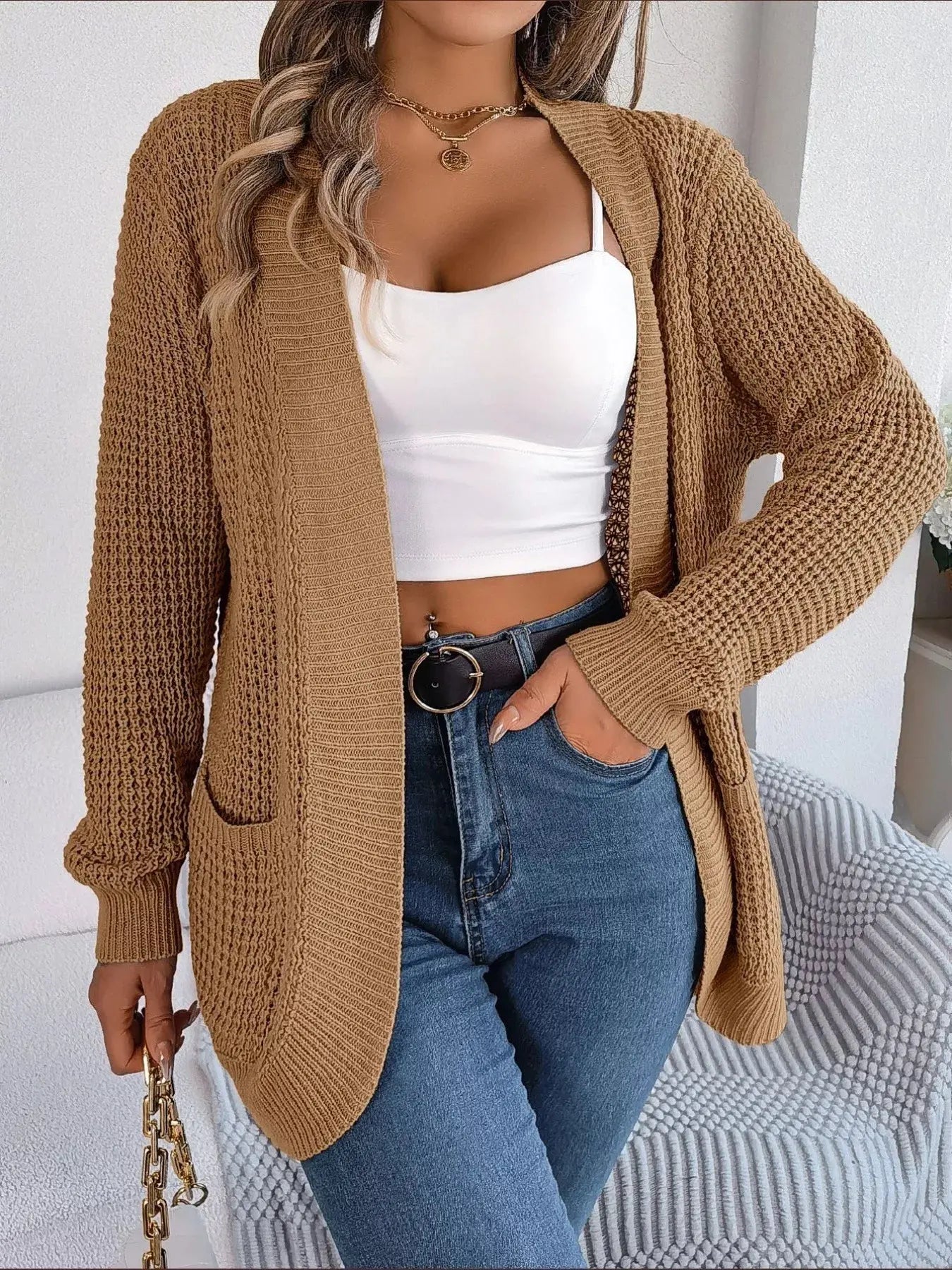 Chunky Knit Open Front Cardigan with Pockets  Style Ratio