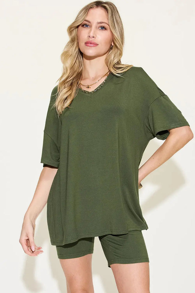 Basic Bae Full Size V-Neck Drop Shoulder Shirt and Shorts Loungewear  Style Ratio