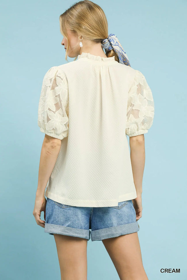 Umgee Textured Blouse with Lace Contrast Sleeves  Style Ratio