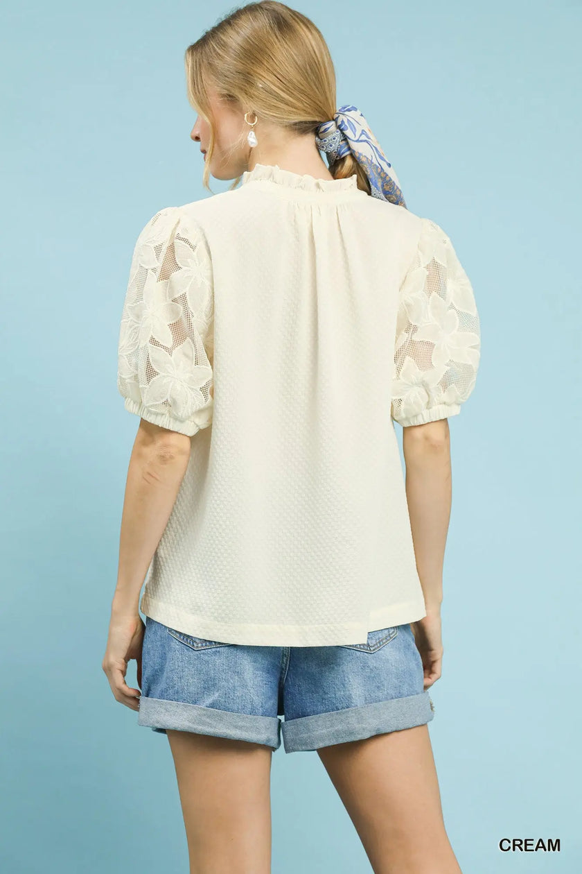 Umgee Textured Blouse with Lace Contrast Sleeves  Style Ratio