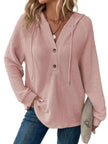 Full Size Button Detail Waffle Knit Hoodie  Style Ratio