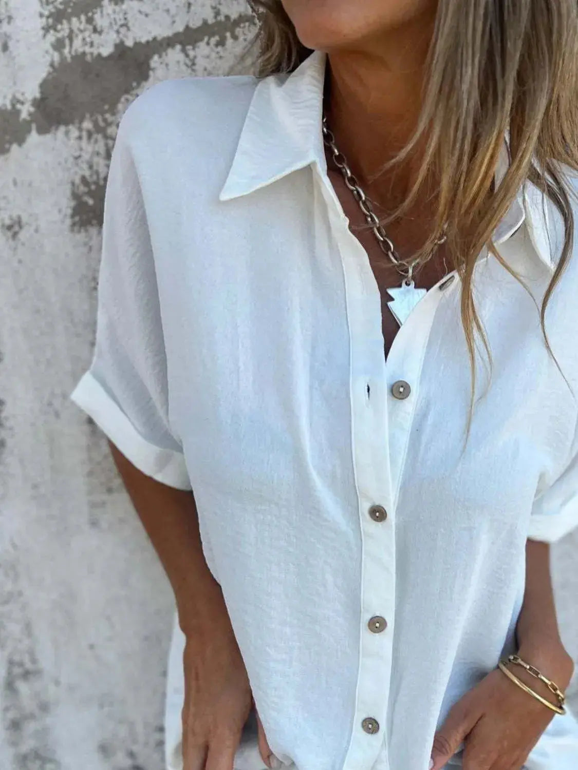 Full Size Collared Neck Half Sleeve Shirt  Style Ratio