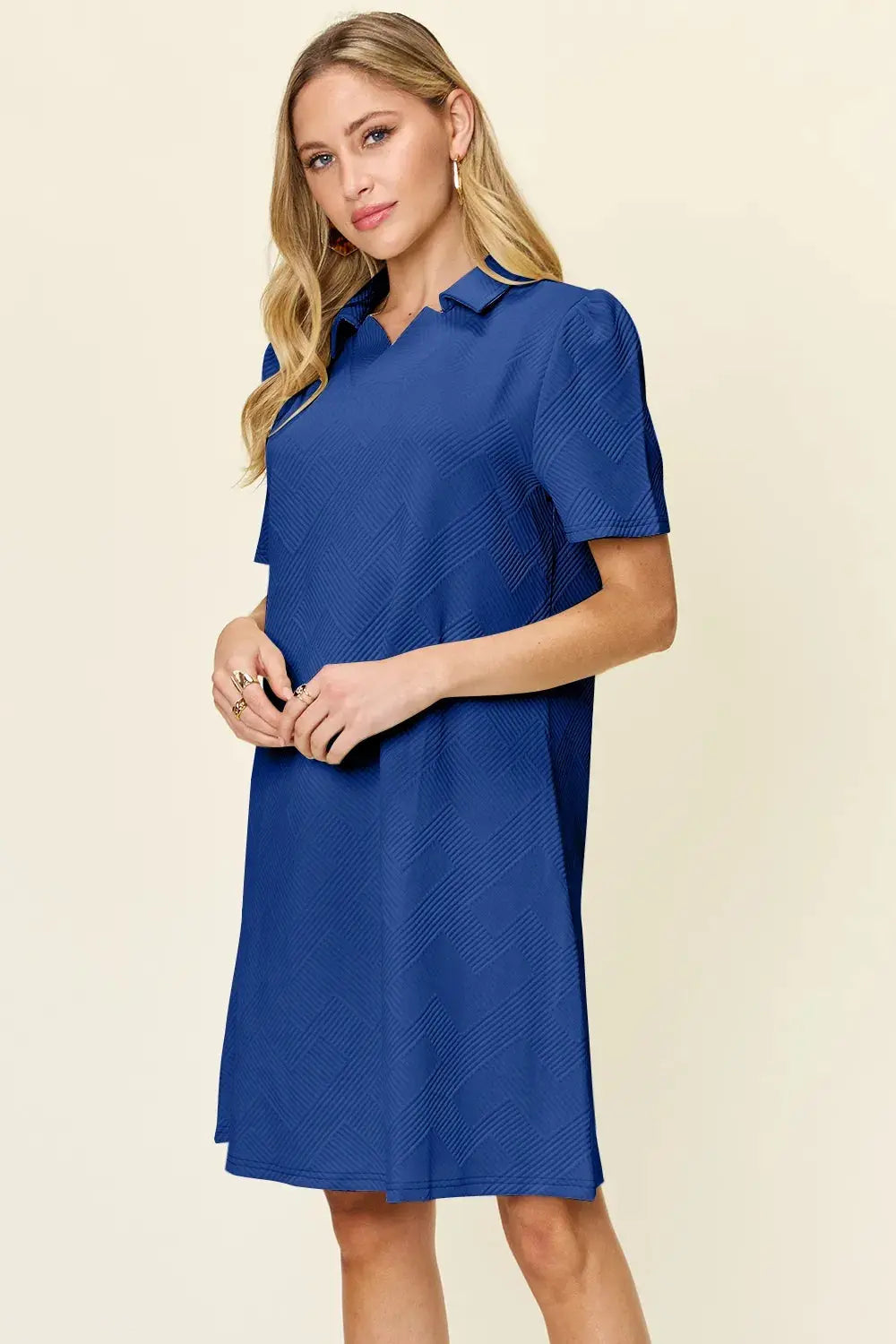 Double Take Full Size Texture Collared Neck Short Sleeve Dress  Style Ratio
