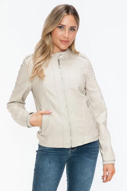 Snobbish Leather Biker Jacket with Side Zip Pockets Trendsi