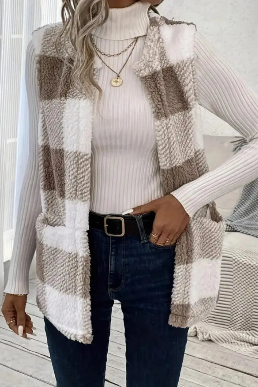 Sherpa Plaid Open Front Vest  Style Ratio