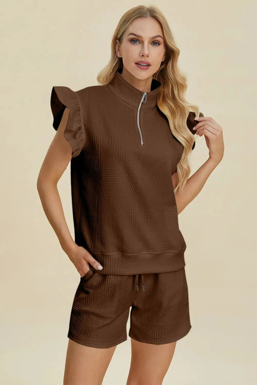 Double Take Full Size Texture Flounce Sleeve Top and Shorts Set  Style Ratio