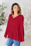 Double Take Half Button Long Sleeve Ruffle Hem Blouse  Style Ratio