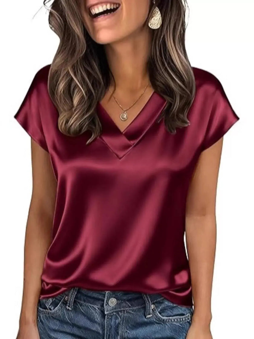 Satin V-Neck Short Sleeve Blouse  Style Ratio