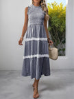 Smocked Striped Lace Trim Sleeveless Midi Dress  Style Ratio