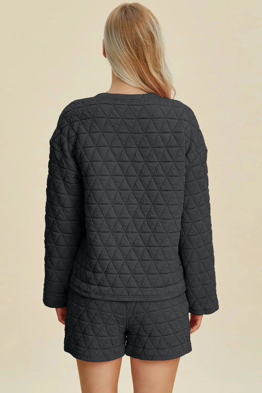 Double Take Texture Round Neck Long Sleeve Top and Shorts Set  Style Ratio