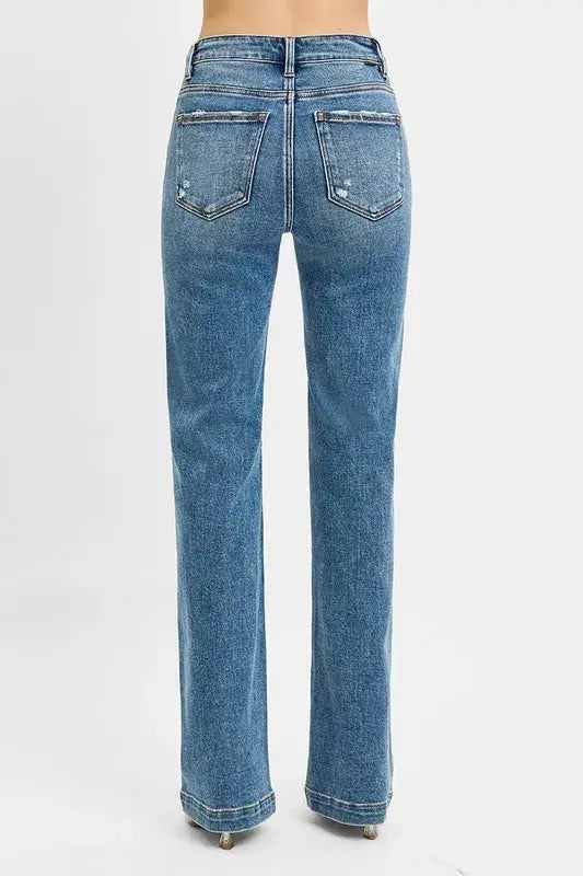 RISEN Full Size Distressed Detail Bootcut Jeans  Style Ratio