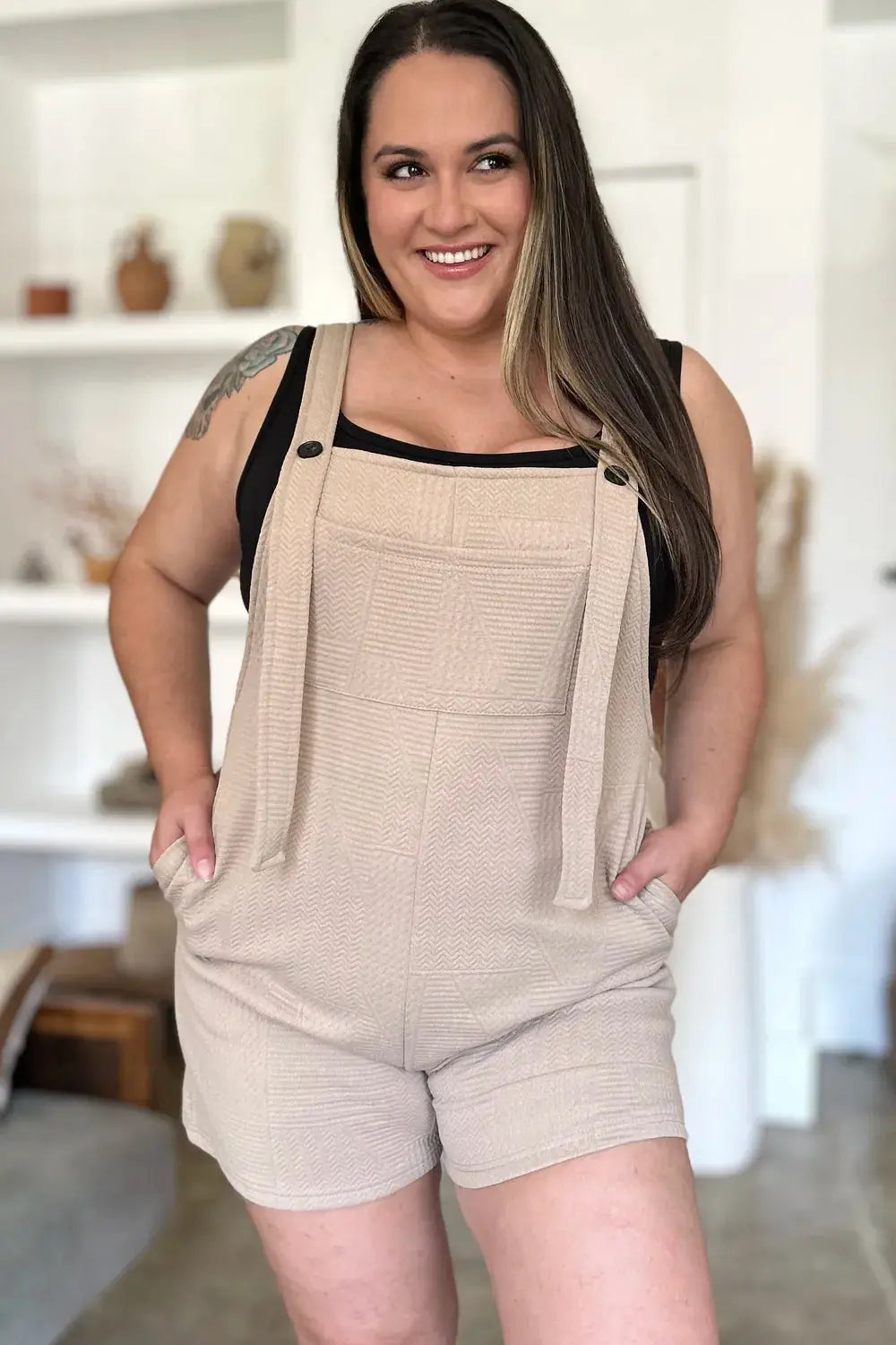 Double Take Full Size Texture Sleeveless Romper  Style Ratio