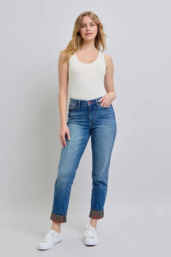 Judy Blue Full Size Plaid Print Cuff Straight Leg Jeans with Pockets  Style Ratio
