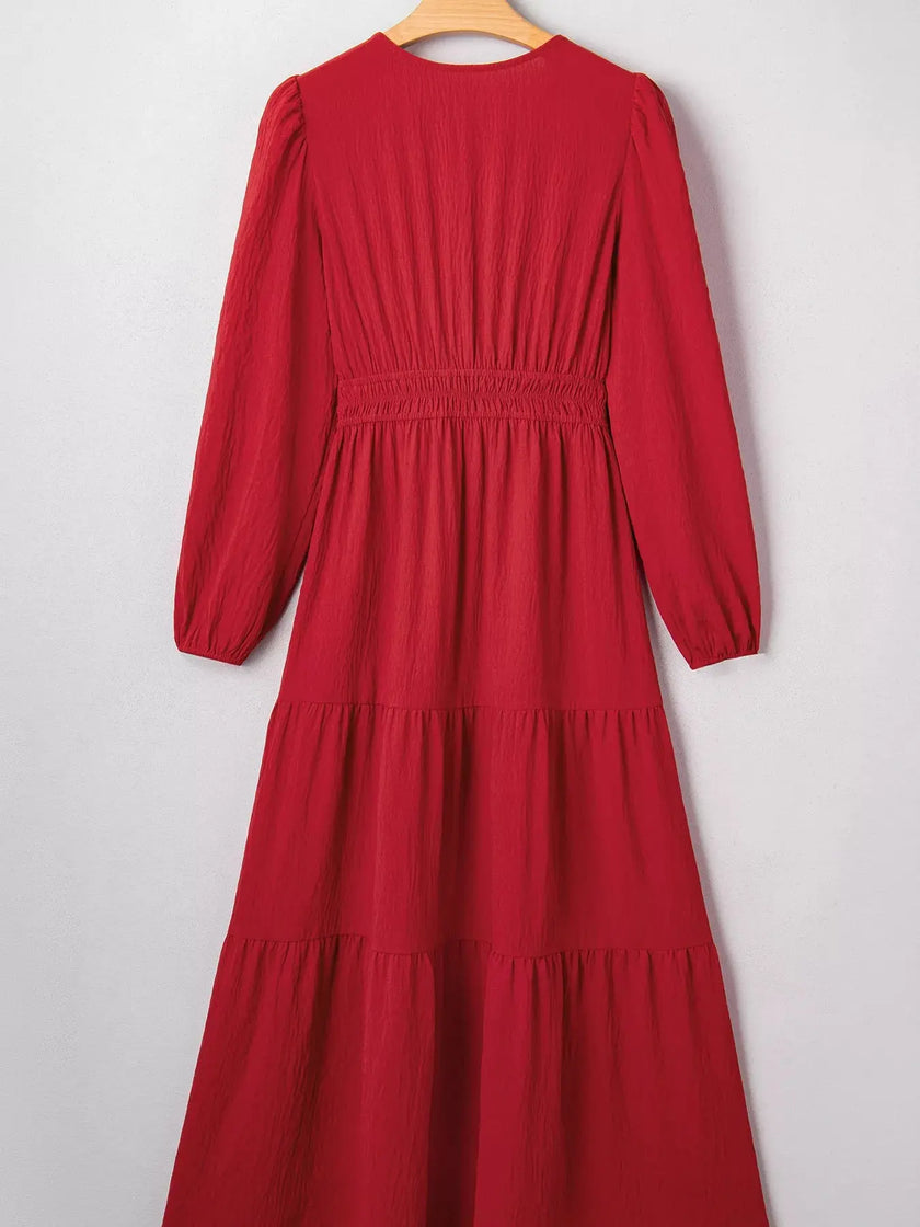 Contrast Embroidered Detail Cinched Waist Tiered Long Sleeve Maxi Dress  Style Ratio