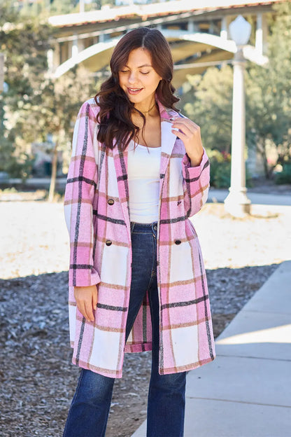 Double Take Plaid Button Up Lapel Collar Coat Trendsi