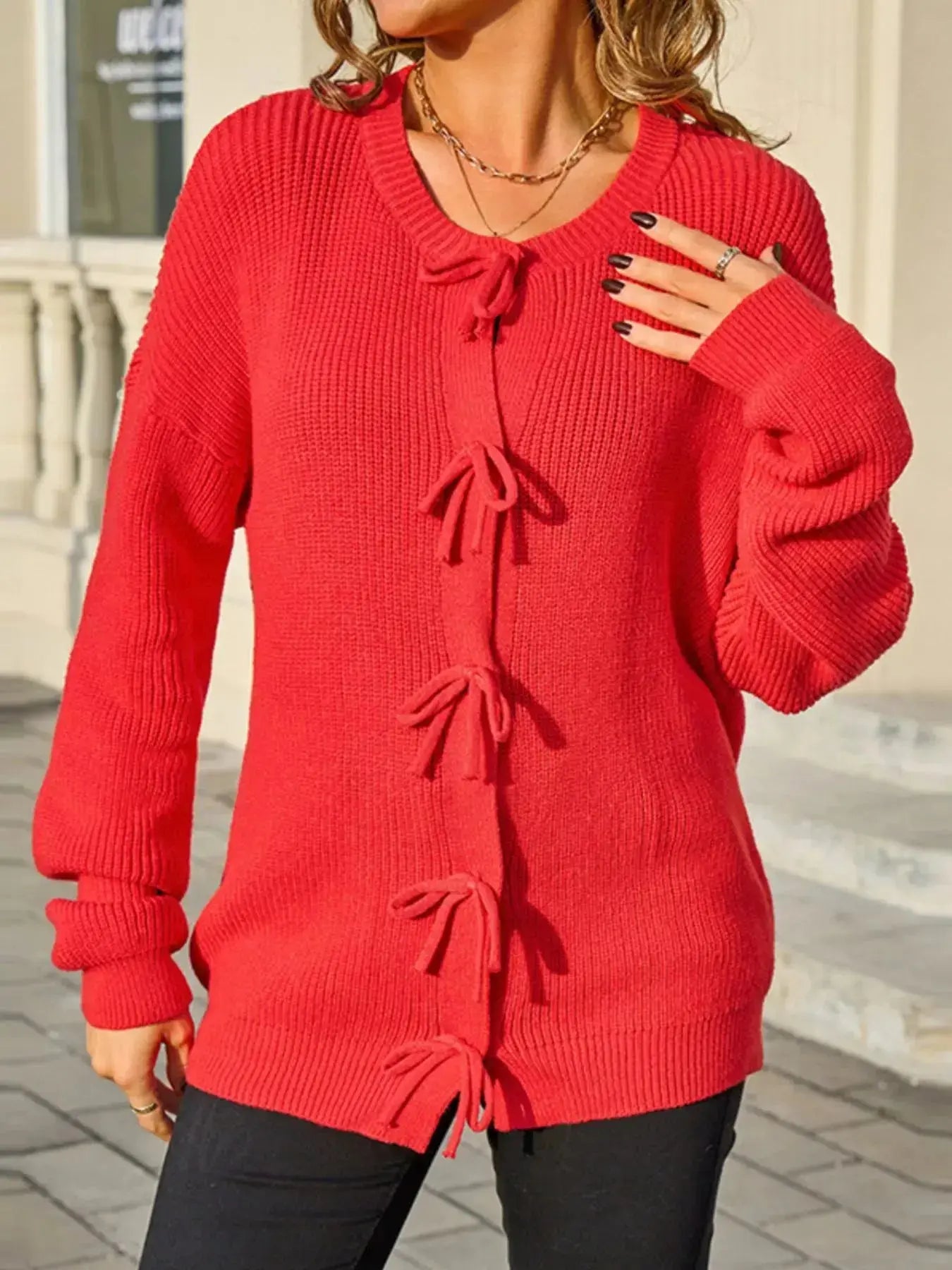 Ribbed Knit Bow Tie Cardigan  Style Ratio