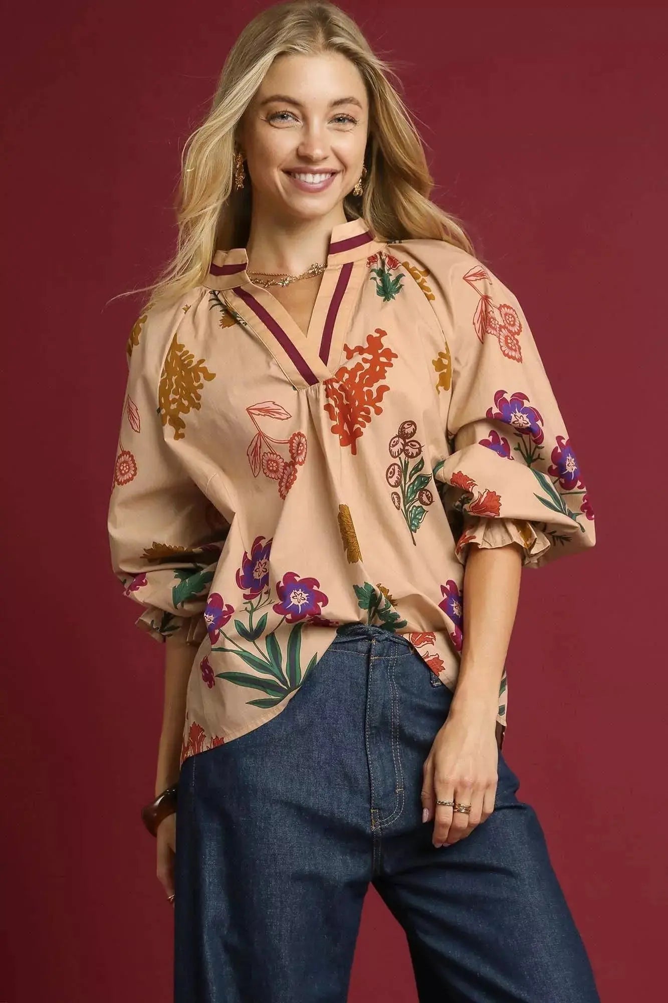 Umgee Floral Print Flounce Sleeve Blouse  Style Ratio
