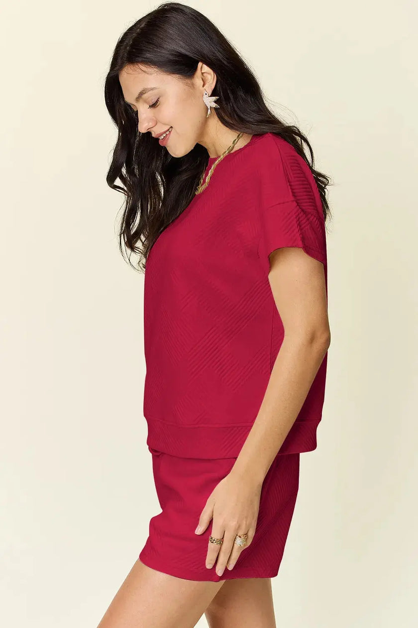 Double Take Full Size Texture Short Sleeve T-Shirt and Drawstring Shorts Set  Style Ratio
