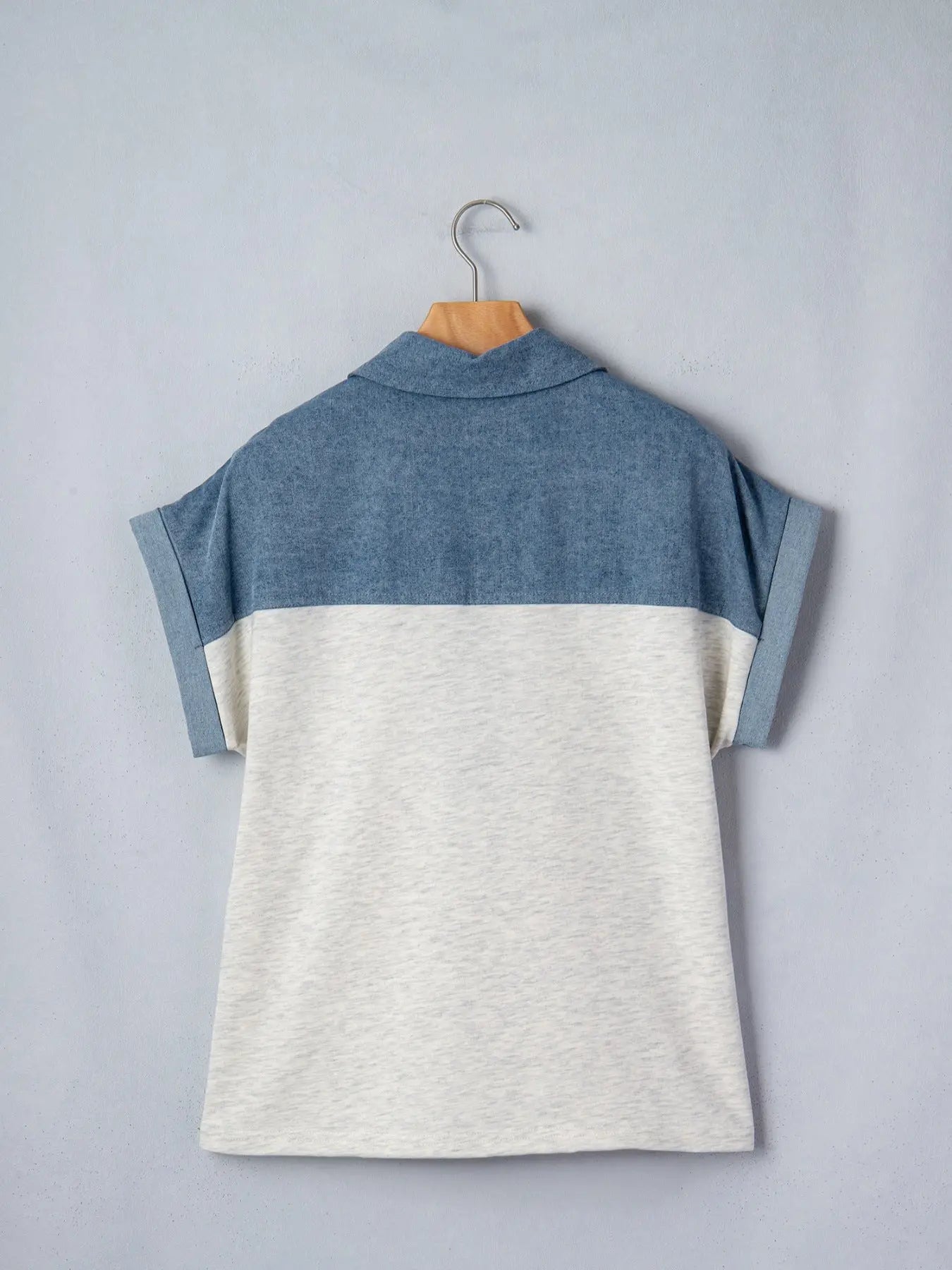 Color Block Denim Patchwork Button Polo Collar Short Sleeve Top  Style Ratio