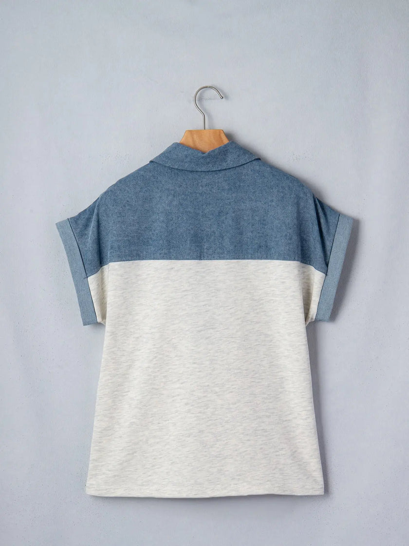 Color Block Denim Patchwork Button Polo Collar Short Sleeve Top  Style Ratio