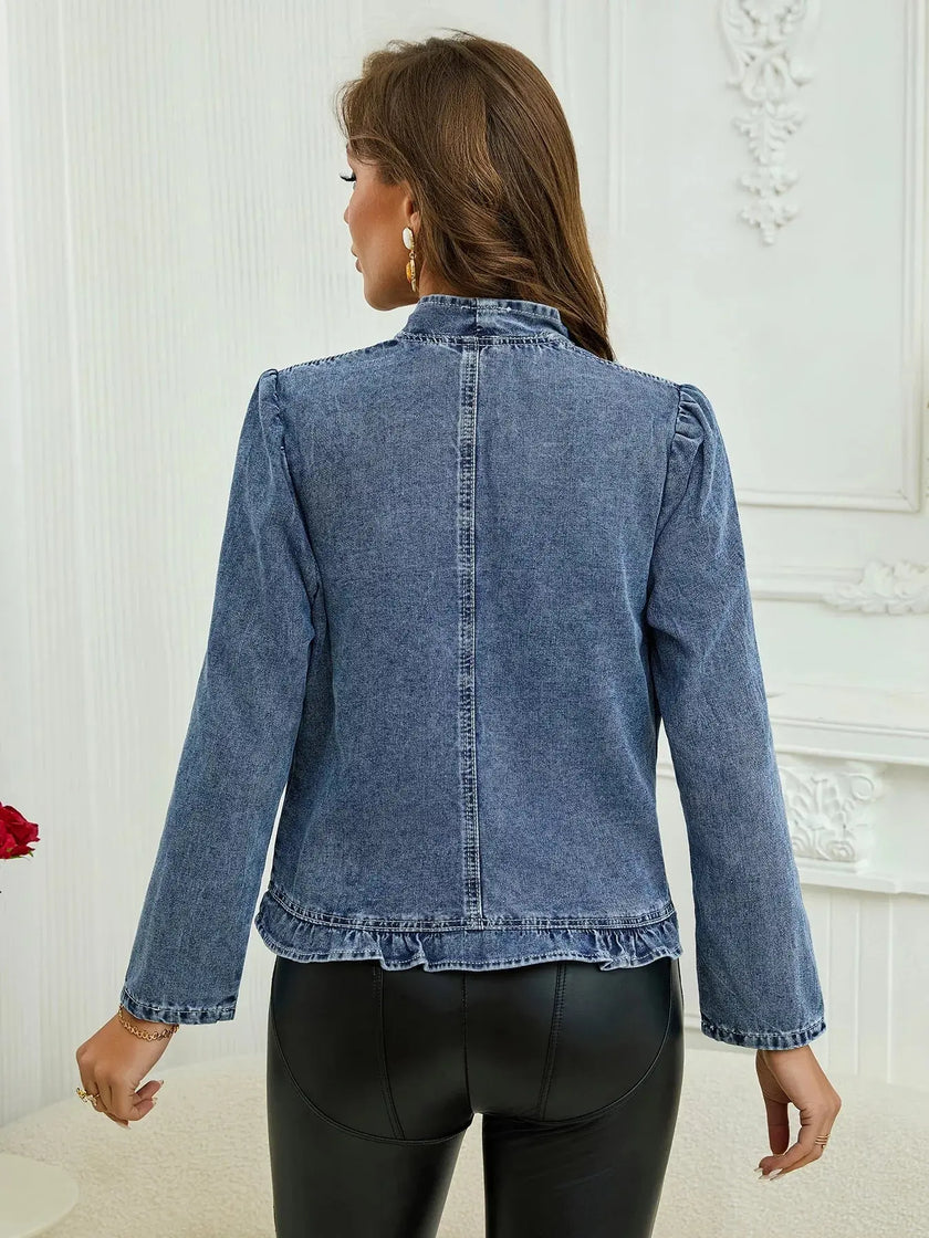 Plus Size Ruffled Trim Open Front Denim Jacket  Style Ratio